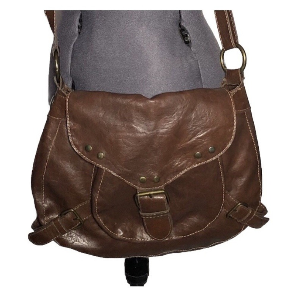 Vtg Y2K Boho Purse Crossbody Cottagecore Bag Brown Faux Leather Stamp 10 DAMAGED